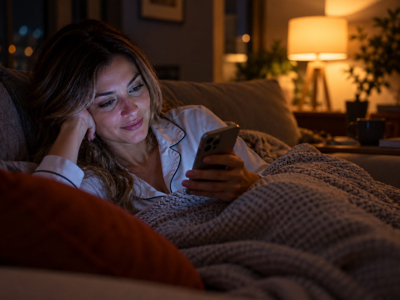 Mulher no sofá, num sábado à noite, olhando imóveis no celular