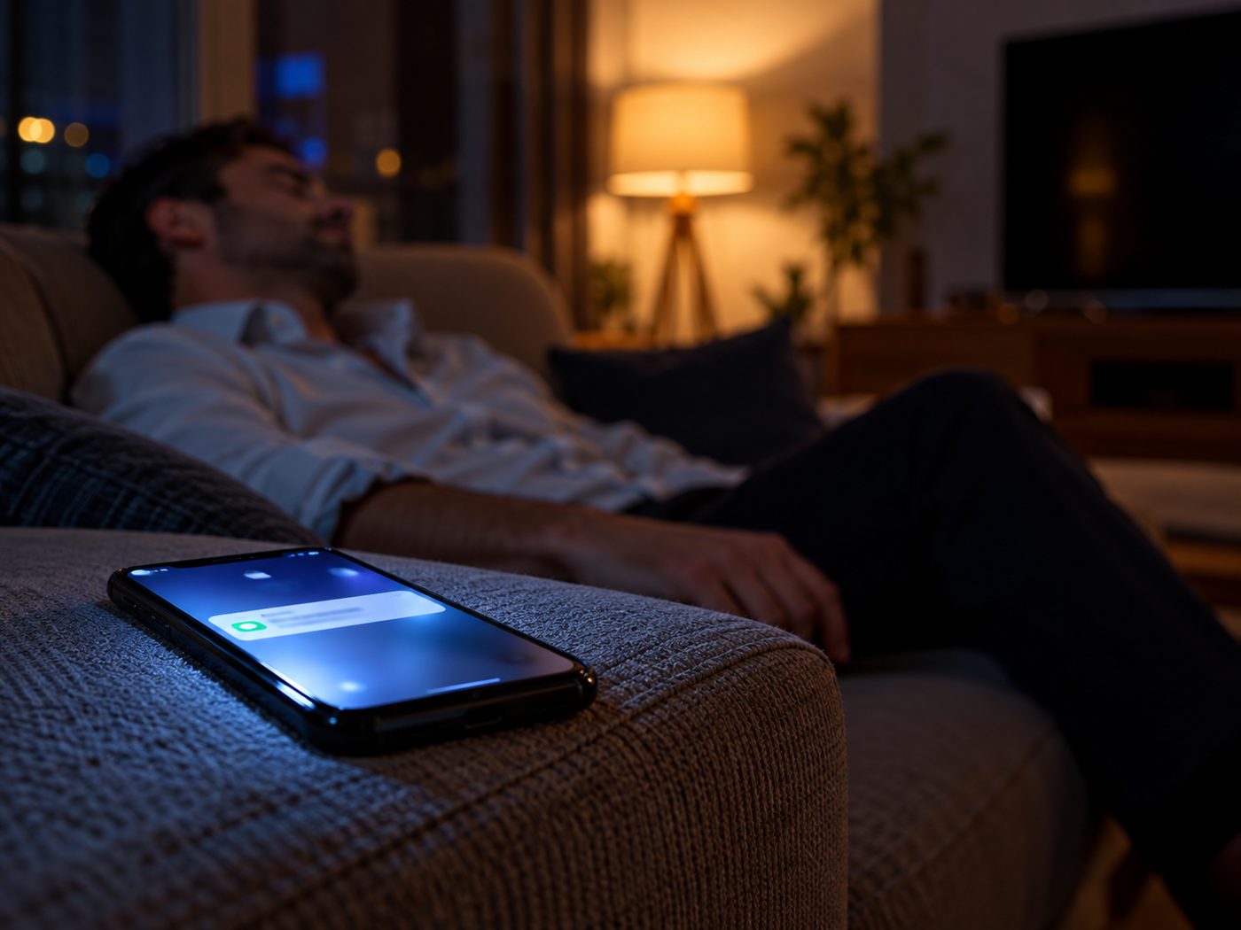 Celular aceso com uma mensagem nova enquanto o corretor dorme no sofá